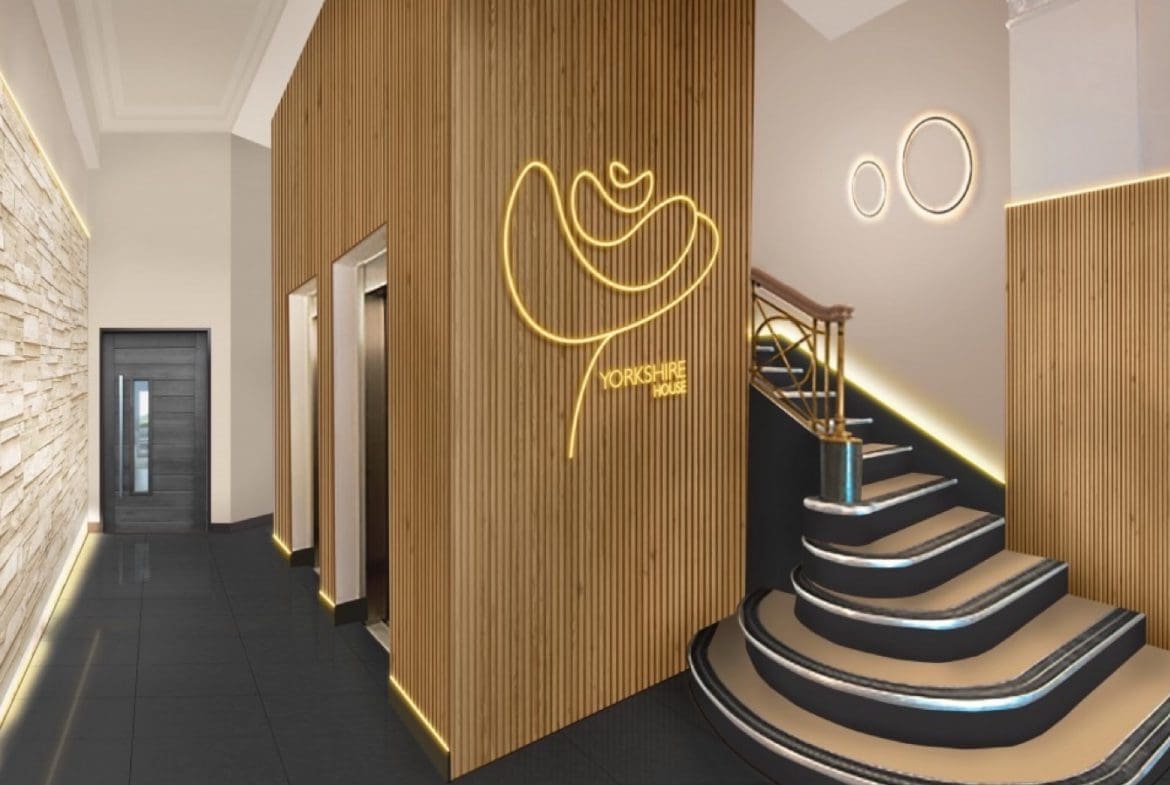 Yorkshire House design-led refurbishment my Millfield Estates is complete. Here is a picture of the lift area as you come through the entrance